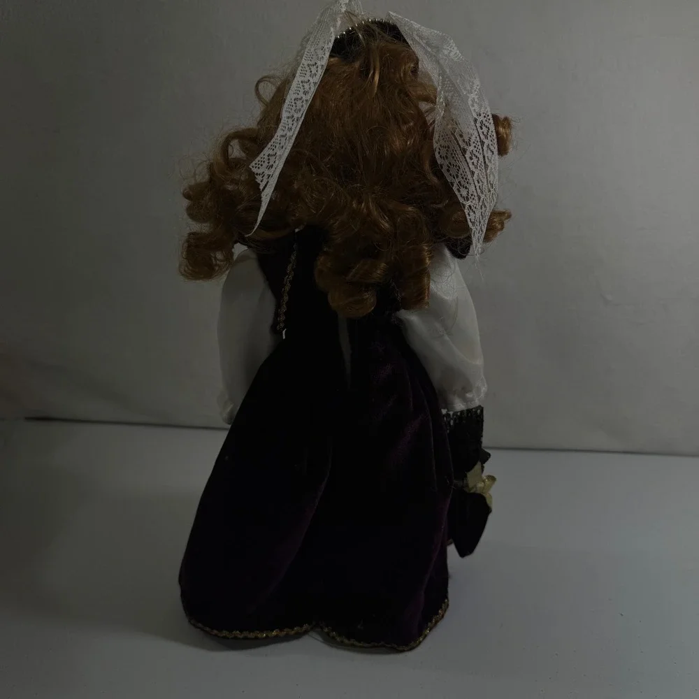 VTG Porcelain Doll‎ Auburn Hair Blue Eyes Victorian Dress Miniature Umbrella